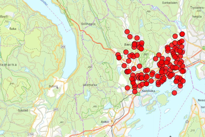 Kart over barnehagene i Bærum