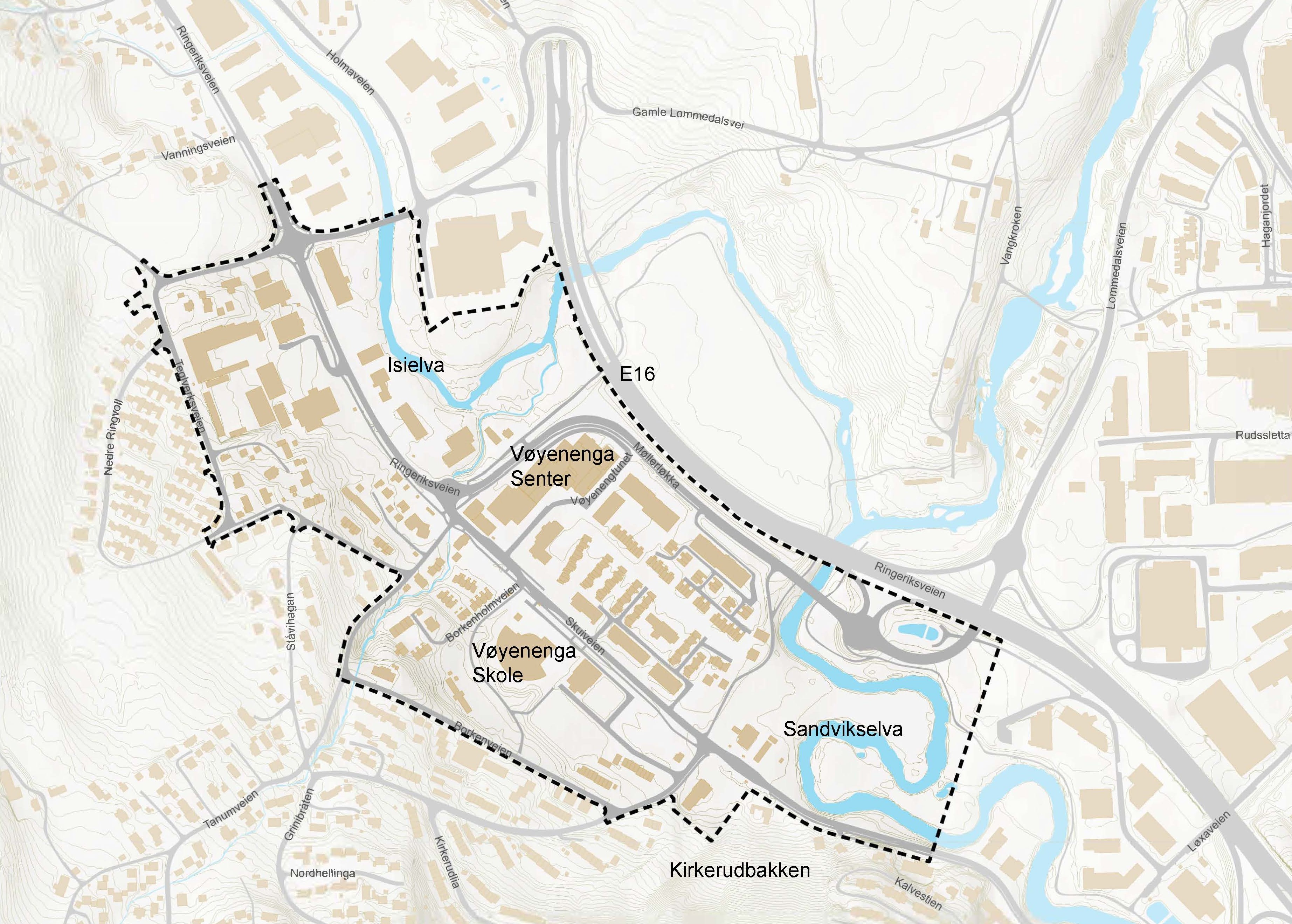 Kart som viser den områdesvise avgrensningen for Planprogram med byplangrep for Vøyenenga.
