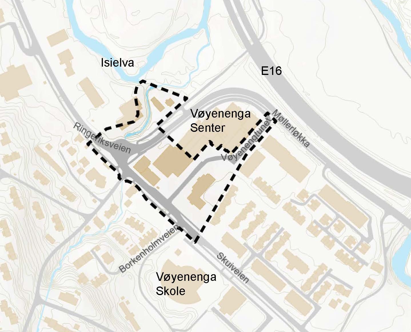 Kart som viser avgrensning av detaljreguleringen av Vøyenenga senter.